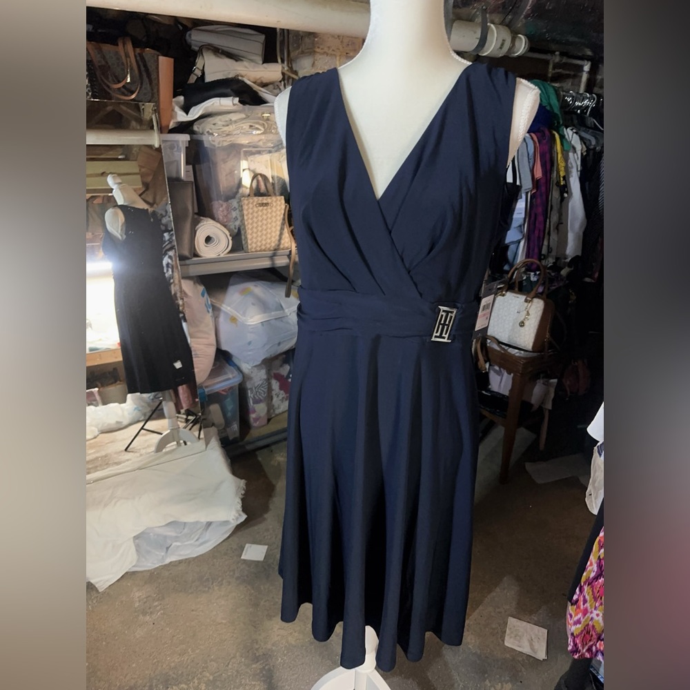 Tommy Hilfiger navy blue solid warp dress knee length sleeveless silky stretchy